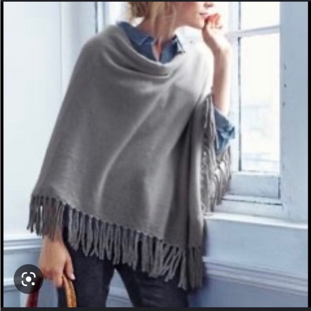 Garnet Hill Gray Cashmere Fringe Ruana (Poncho)